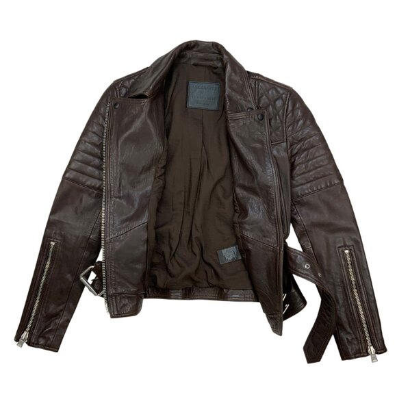 AllSaint Bryden Biker Leather Jacket 0 Brown Belted Moto Zipper Front Pockets - Picture 10 of 14